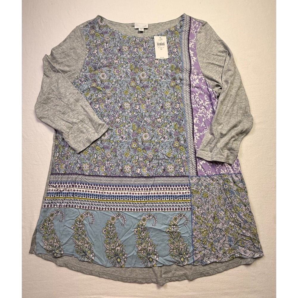 J. Jill Mixed Media Floral Paisley Tunic Top Gray Blue Purple M 123741-2599